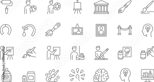 This image displays a grid of simple, black-and-white line art icons representing various aspects of painting and visual art. The collection includes artists at work, easels, paintbrushes, 