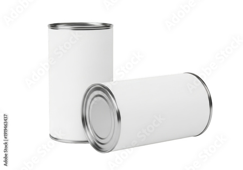 Two white tin cans with silver lids and edges isolated on transparent background