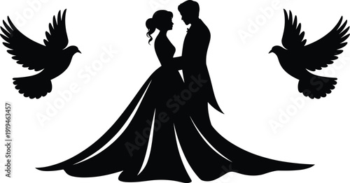 Wedding Couple Silhouette with Doves, Elegant Bride in Gown and Groom Embracing, Romantic Marriage Celebration Vector for Invitations and Anniversary Design