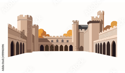 Minimalist London Castle Courtyard Autumn Morning Vector Travel and Heritage Landmark Illustration