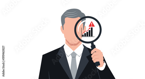 Businessman holding a magnifying glass displaying a financial chart with an exclamation mark, indicating market risk or