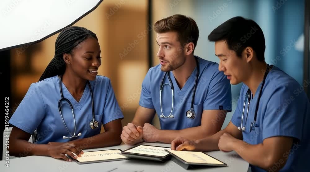 Diverse medical team of three doctors collaboratively reviewing patient ...