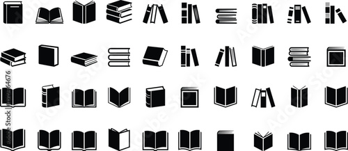 Book icon set, library and reading symbols, black silhouette book vectors, open and closed book illustrations for education print, digital