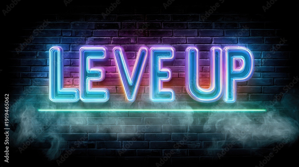 Obraz premium Vibrant neon signage illuminates a dark brick wall with encouraging text and atmospheric smoke.