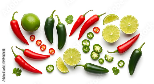 Fresh limes and sliced jalapeno peppers on white background for cooking and recipe use transparent background
