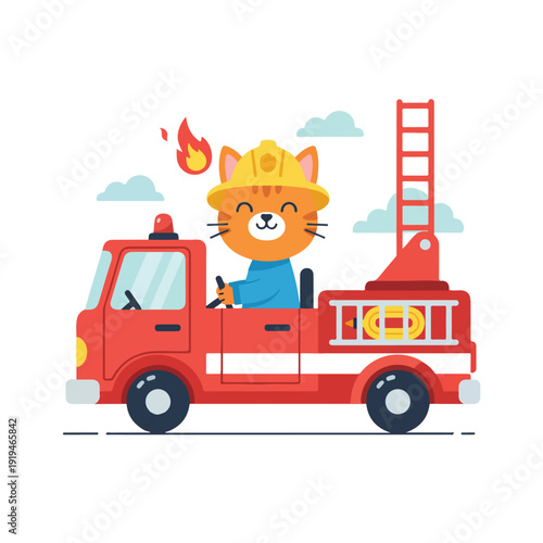 A happy cartoon cat in a yellow hard hat drives a red fire truck equipped with a ladder and hose, with clouds and a flame nearby.