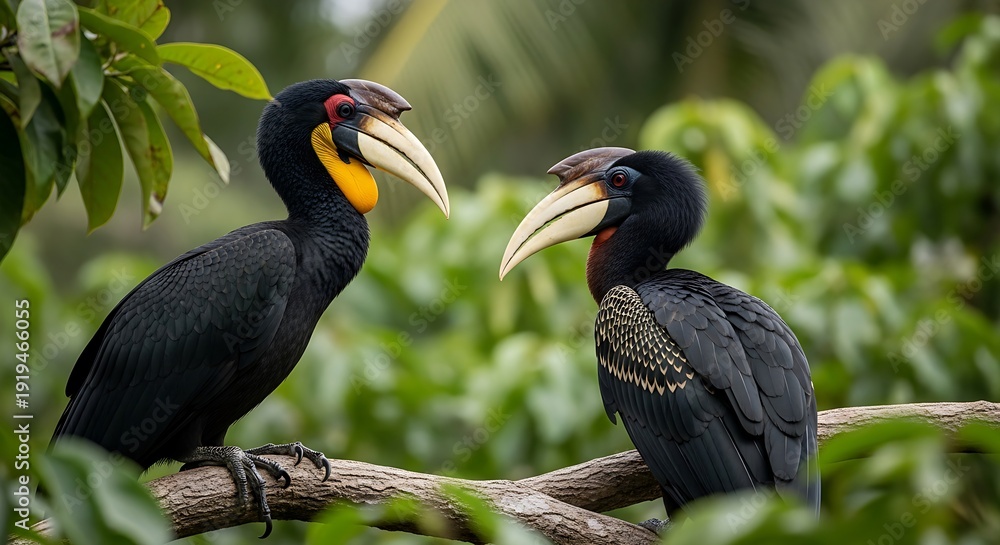 Fototapeta premium Two exotic hornbills with vibrant yellow casques perched on a mossy branch within a lush, green tropical rainforest canopy.