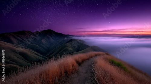 Majestic sunset over misty hills in twilight glow