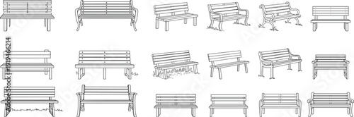 Park bench outline collection, wooden bench line art, vintage and modern bench designs, public seating illustrations for urban landscape projects