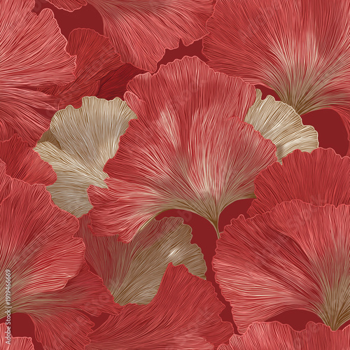 Seamless botanical pattern of ginkgo biloba fan leaves in deep red and muted gold, rendered with fine flowing linework on a dark burgundy background.