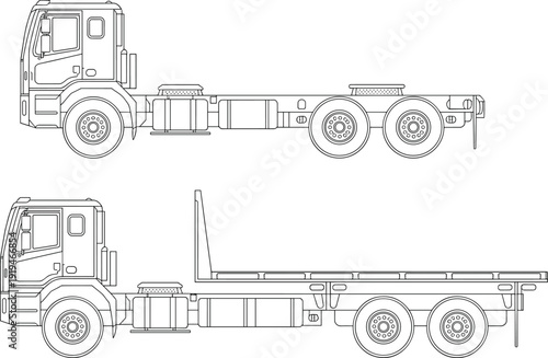 Side view truck chassis vector illustration, flatbed and cab outline blueprint, heavy duty commercial vehicle technical design drawing