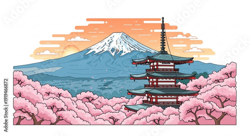 Vibrant japanese pagoda temple with cherry blossoms and mount fuji at sunset traditional asian architecture