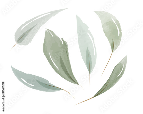 Several translucent green watercolor leaves with thin stems are arranged artistically on a pure white backdrop. This botanical collection offers a gentle, natural accent for decorative uses.