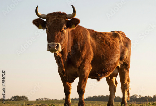 majestic brown cow stands majestically warm landscape fur glistening golden light low