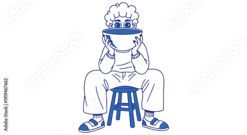 A person sitting on a stool wearing a chefs hat and holding a bowl, appearing stressed or overwhelmed in a simple line drawing illustration.
