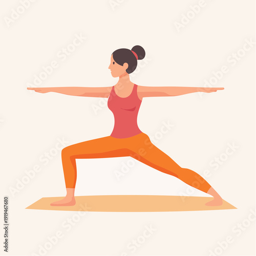 Serene illustration of a woman demonstrating warrior two yoga pose for health and inner peace