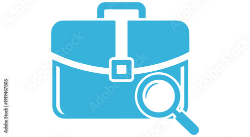 A blue briefcase with a magnifying glass on a white background, symbolizing business investigation and research.