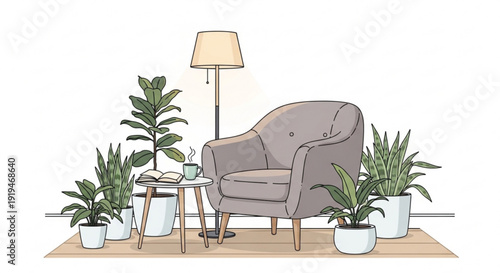 Cozy living room interior with gray armchair plants and lamp on wooden floor minimalist home decor concept with comfortable furniture