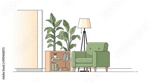 Cozy living room interior with green armchair plant bookshelf and lamp on white background modern home decor concept