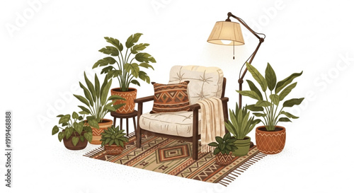 Cozy living room corner with comfortable chair plants and warm lighting on colorful rug