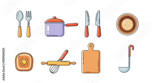 Cooking utensils and food icons illustration