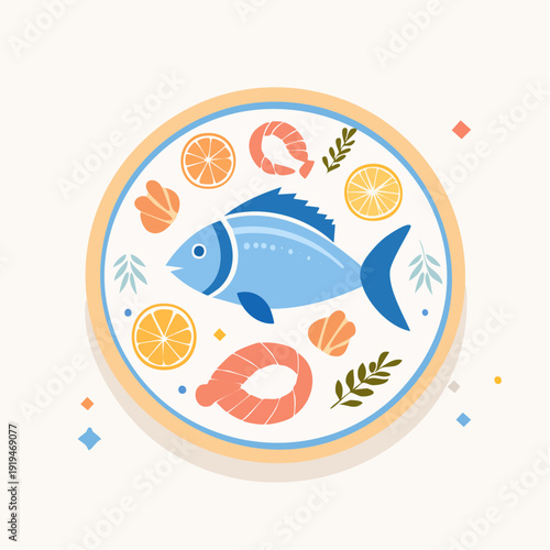 Stylized illustration of a fresh blue fish served on a plate with vibrant citrus slices and shrimp, depicting a healthy seafood meal
