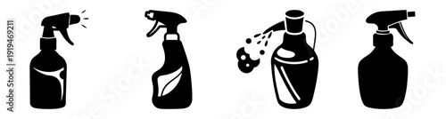 Set of four black spray bottles with triggers isolated on white background for cleaning products and disinfectants