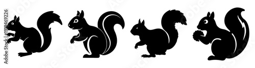 Five black squirrels running in a row on white background minimalist vector illustration