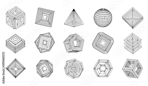 Abstract Geometric Shapes with Brutalist and Psychedelic Techno 3D Wireframe – Vector Set