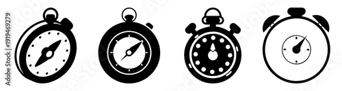 Set of four vintage alarm clocks and stopwatches isolated on white background time management concept