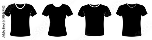 Set of four blank black t-shirts isolated on white background for custom design and branding mockup