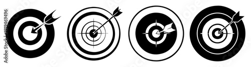 Three black and white target arrows hitting bullseye close-up precision aim success goal achievement competition focus