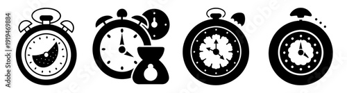 Set of four black and white alarm clocks crossed out symbolizing time management deadline stop or no time concept isolated on white background