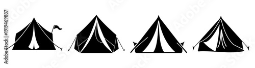 Four black camping tents silhouette on white background minimalist outdoor adventure travel concept
