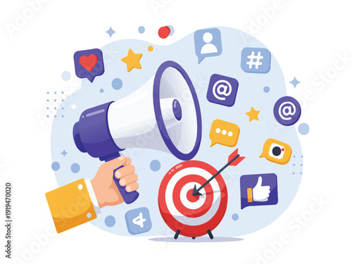 Hand holding megaphone targeting audience with social media icons and bullseye on white background  online marketing and communication concept