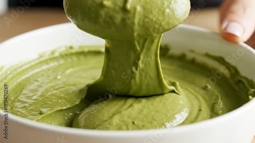 Slow motion shot of a large metal spoon carefully scooping creamy, vibrant green avocado and matcha puree into a mixing bowl highlighting the thick consistency metal spoon, motion, matcha