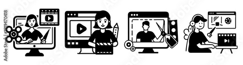 Team of video editors working on digital content creation with icons of editing tools and collaboration