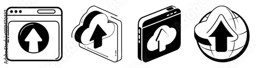 Set of four black and white laundry icons isolated on white background for download upload and washing symbols