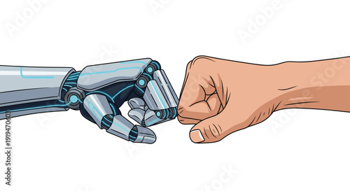 A futuristic robotic hand with blue glowing accents performs a friendly fist bump with a human hand, isolated against a pure white background.