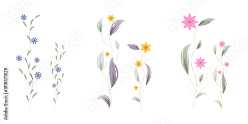 This illustration features delicate watercolor flowers and leaves arranged in vertical designs.