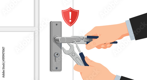 A pair of hands attempts to manipulate a door handle and lock with a wrench and pliers, accompanied by a red warning sign on a white background.