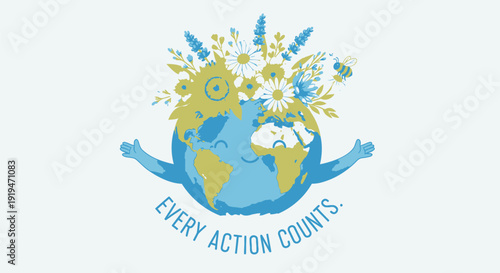Environmental conservation icon with globe and flowers, 'Every Action Counts' slogan. Includes eco friendly symbol. Created in colorful style with green and blue palette.