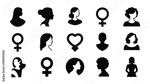 Black silhouettes of women female symbols and hearts on white background for international women's day symbolizing feminism and equality