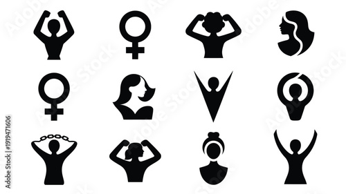 Collection of 12 minimalist black vector icons depicting empowerment and strength through human silhouettes and gender symbols