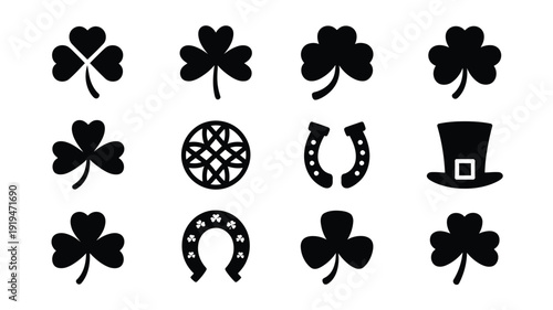 Collection of st patrick's day flat black vector icons including shamrocks horseshoes celtic knot and top hat on white background for luck and irish heritage designs
