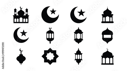 Collection of minimalist islamic symbols and icons including mosques crescent moons stars lanterns and geometric shapes on white background for ramadan or eid celebrations