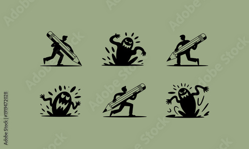 A whimsical illustration depicts tiny figures wielding oversized pencils battling shadowy monsters high quality professional
