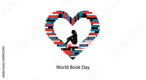 World Book Day icon with heart shaped books and reader, literacy symbol.