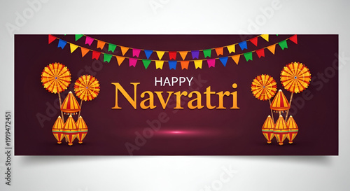 Navratri festive vector greeting banner with traditional lantern decoration and colorful flags for Durga Puja celebration in vibrant cultural background