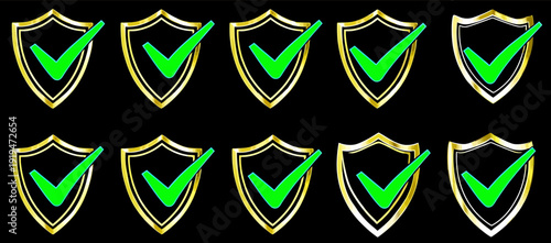Shield and checkmark icon set featuring green gold security protection vector symbol collection